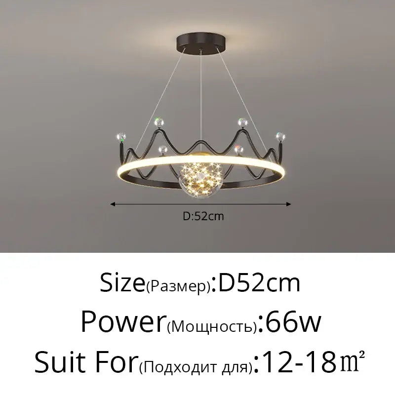 Black crown-shaped led gypsophila chandelier pendant light with glowing ring and crystal accents for modern decor