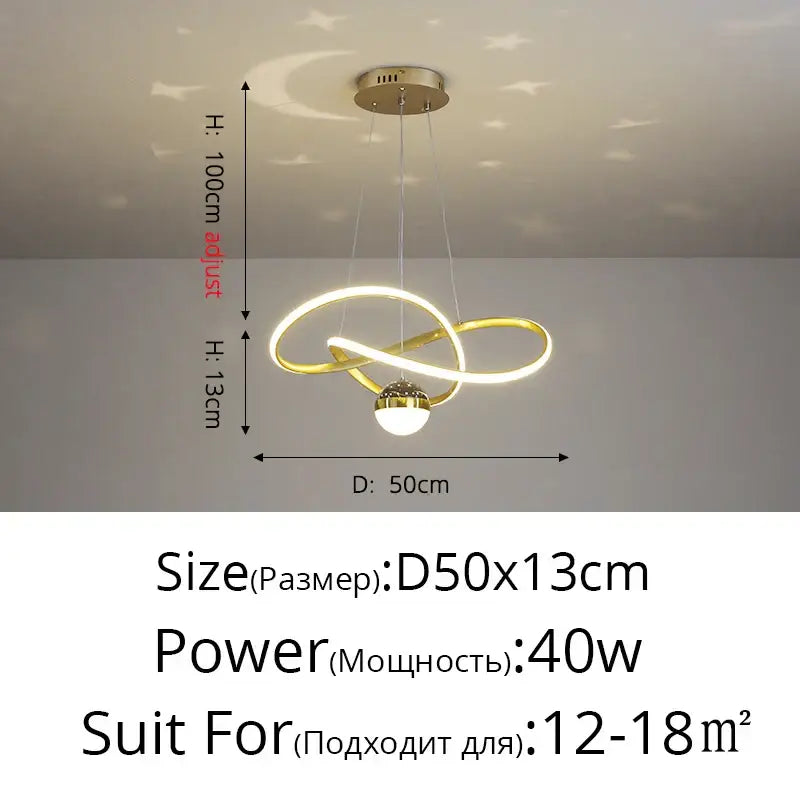 Gold-toned DecorBites led gypsophila chandelier with intertwined circular led rings and central spherical bulb for modern decor