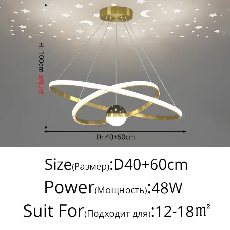 Gold and white modern led gypsophila chandelier with intersecting rings and central globe bulb for living room decor