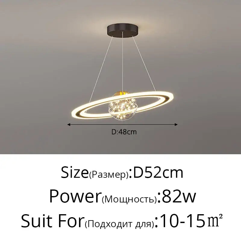Modern black led gypsophila chandelier with two concentric glowing rings and central crystal sphere for rooms up to 15m²
