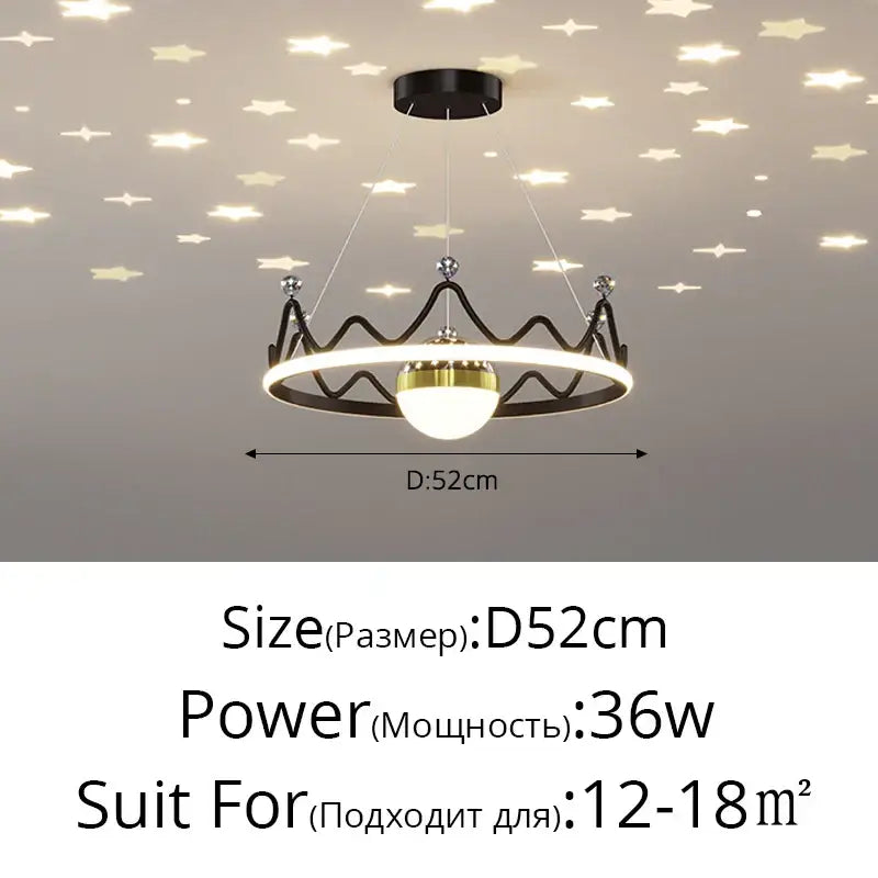 Black crown-shaped led gypsophila chandelier pendant light with gold-accented bulb and white led ring 52cm diameter