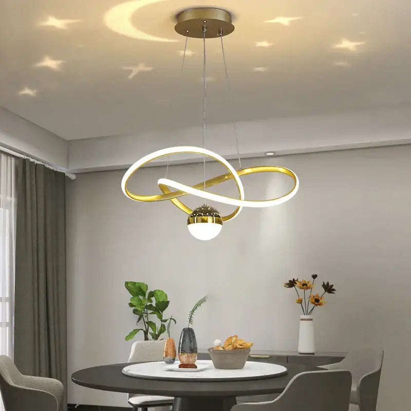 Gold and white led gypsophila chandelier with intertwined circular design and central globe bulb for modern living room decor