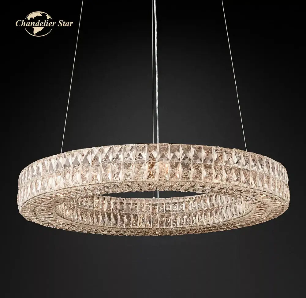 Decorbites led halo crystal chandelier with two concentric faceted clear crystal rings for bedroom living dining decor