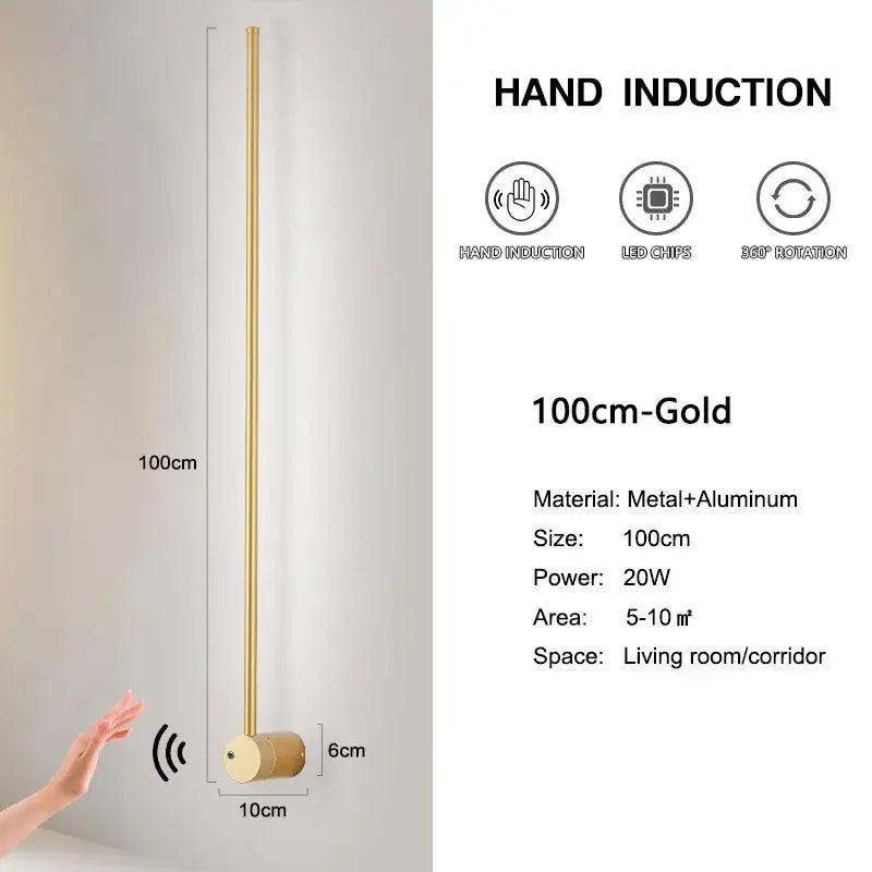 Decorbites led hand induction floor lamp 100cm tall gold metal and aluminum design for corridor and bedroom use
