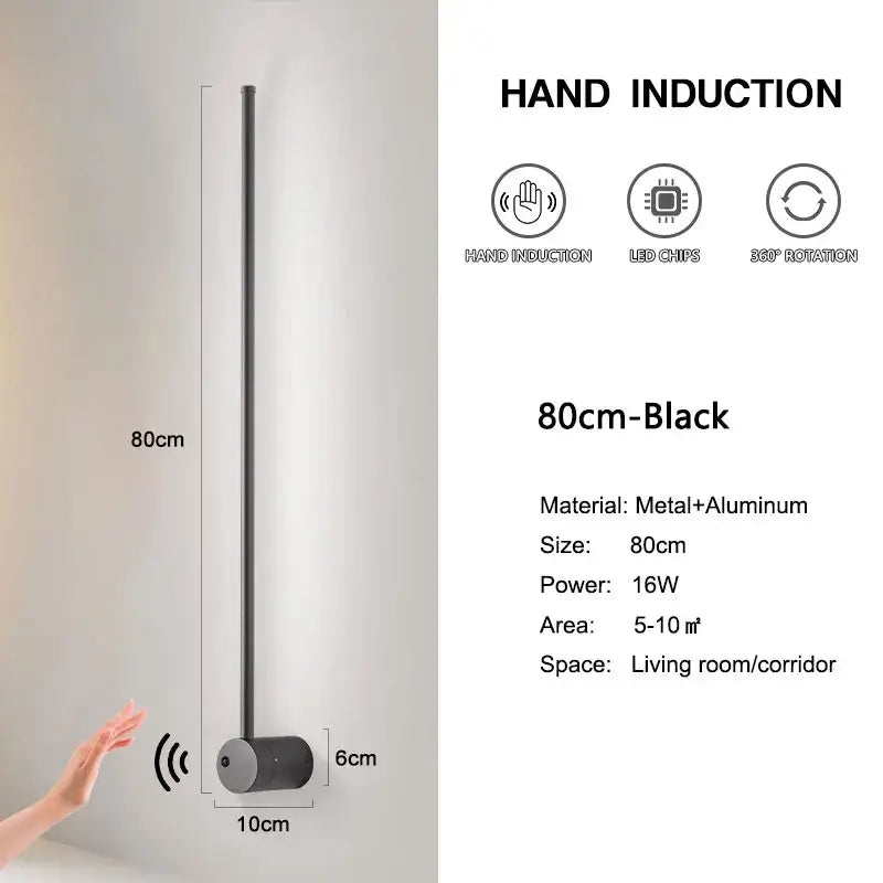DecorBites led hand induction black 80cm wall lamp with metal aluminum construction for corridor and bedroom