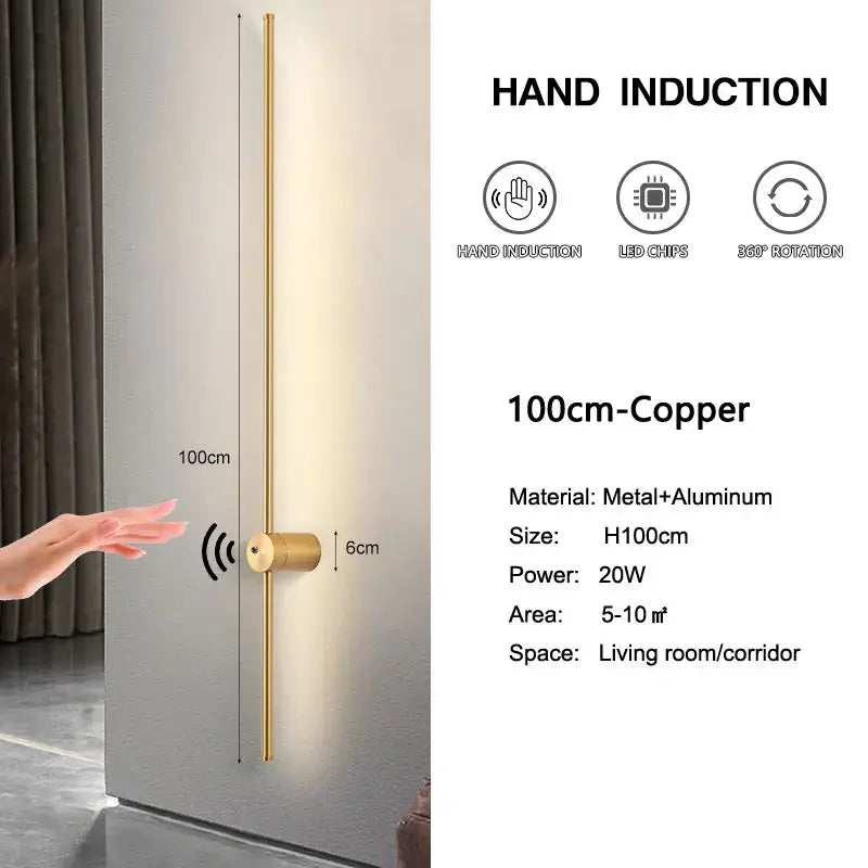 Decorbites led hand induction wall lamp in copper with sleek minimalist 100cm vertical design for corridor and bedroom