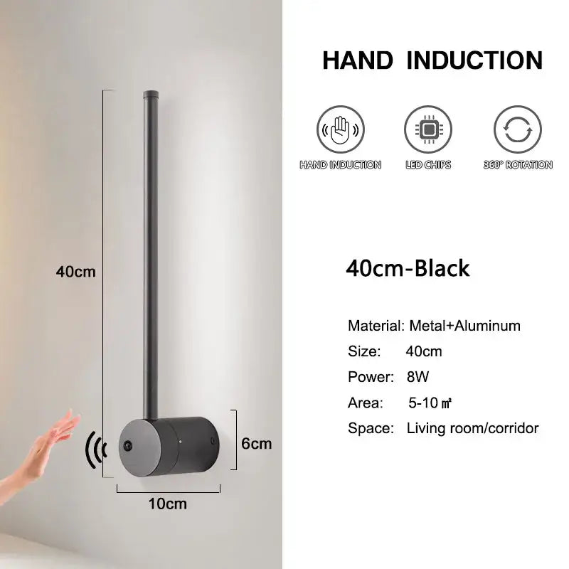 Black 40cm metal and aluminum decorbites led hand induction wall lamp with led chips for corridor and bedroom lighting