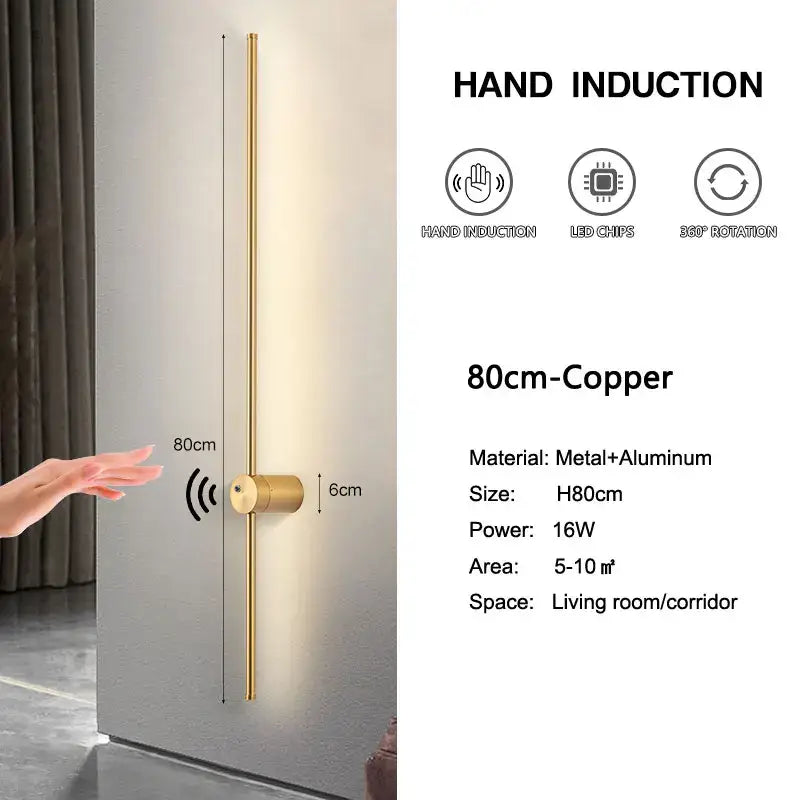 Decorbites led hand induction wall light in copper with sleek vertical metallic design for corridor and bedroom use