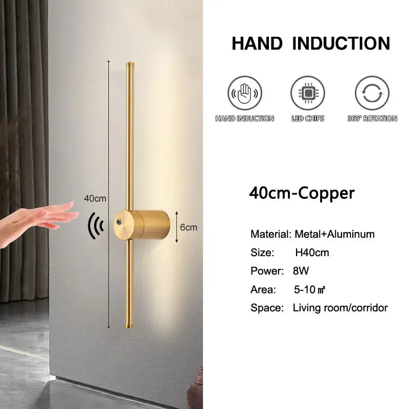 Decorbites led hand induction wall lamp in copper metal and aluminum with minimalist design for corridor and bedroom use