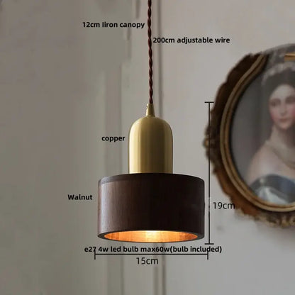 DecorBites led hanging lamp with brass copper top dark walnut wood shade and adjustable braided wire suspension