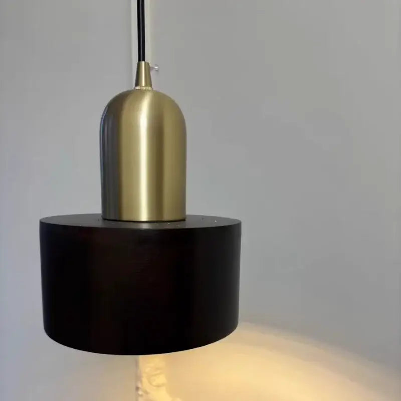 Decorbites led hanging lamp featuring a modern brass dome and matte black cylindrical base pendant light