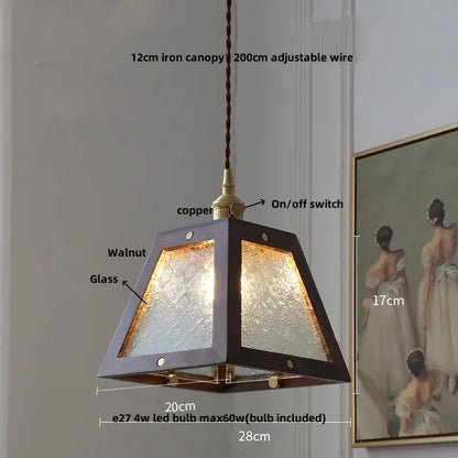 Decorbites led hanging lamp with dark walnut iron canopy textured glass panels and copper accents pendant light