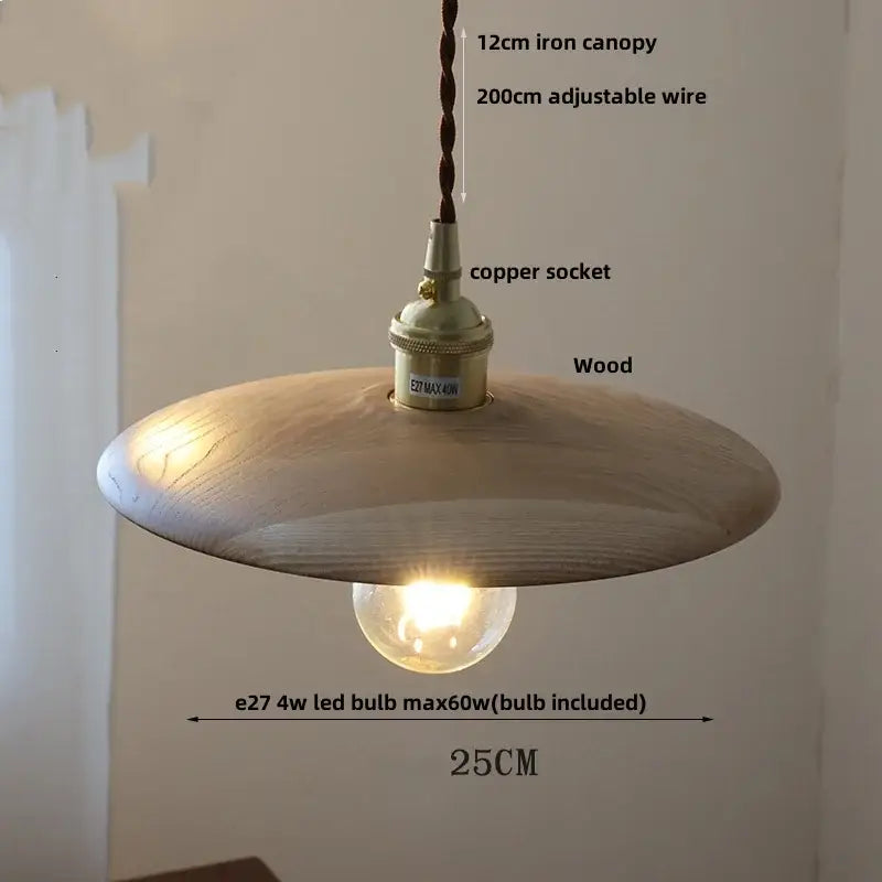 Decorbites led hanging warm-toned 25cm wooden pendant light with copper socket and braided iron canopy