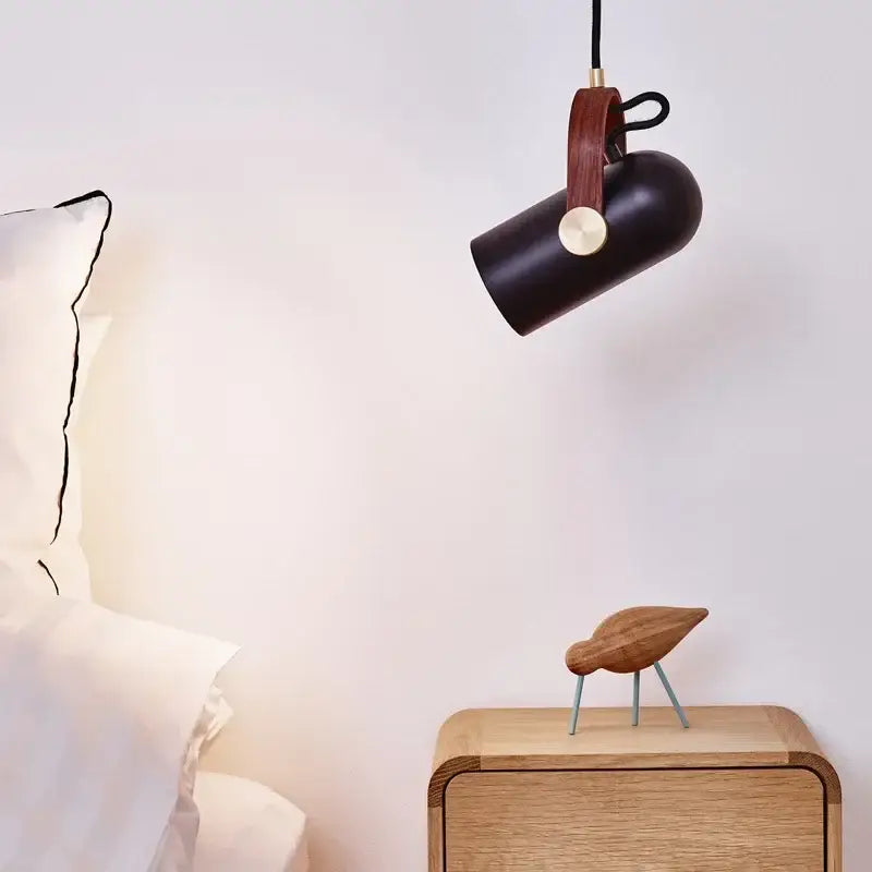 Black cylindrical pendant light with brown leather strap and brass accents decorbites led hanging lamp for dining room