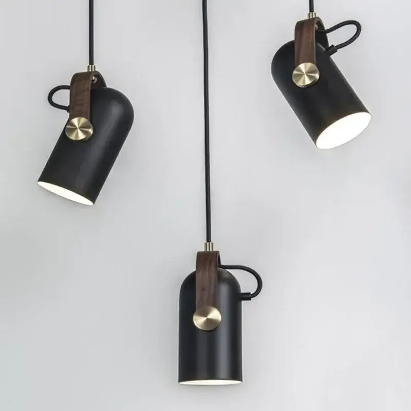 Black cylindrical decorbites led hanging pendant light with wooden handles and brass accents for bar and dining room
