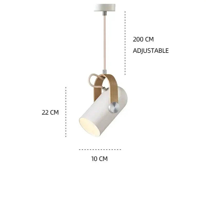 White cylindrical pendant light with wooden handle and metallic accents featuring 200 cm adjustable length by decorbites led hanging lamp