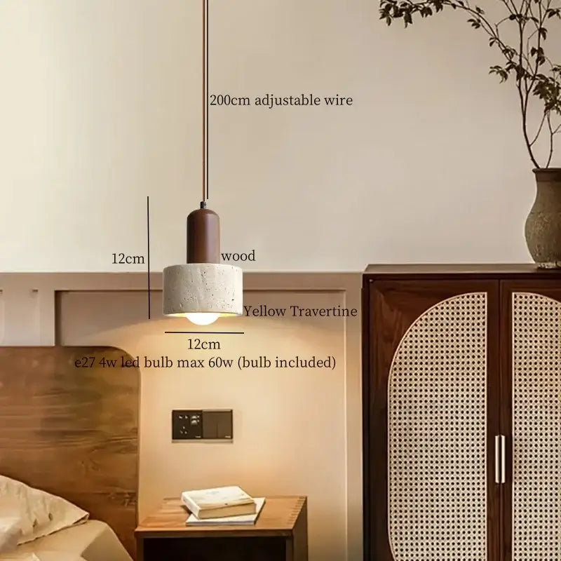 A decorbites led hanging lamp with a cylindrical concrete shade and dark wood top for kitchen and cafe lighting