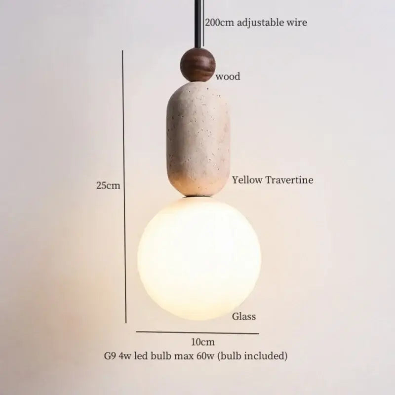 Decorbites led hanging lamp with warm glass globe, yellow travertine accent, and wooden bead for kitchen cafe lighting