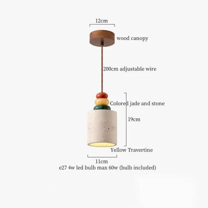 A decorbites led hanging lamp featuring a wooden canopy, adjustable wire, jade accents, and yellow travertine shade
