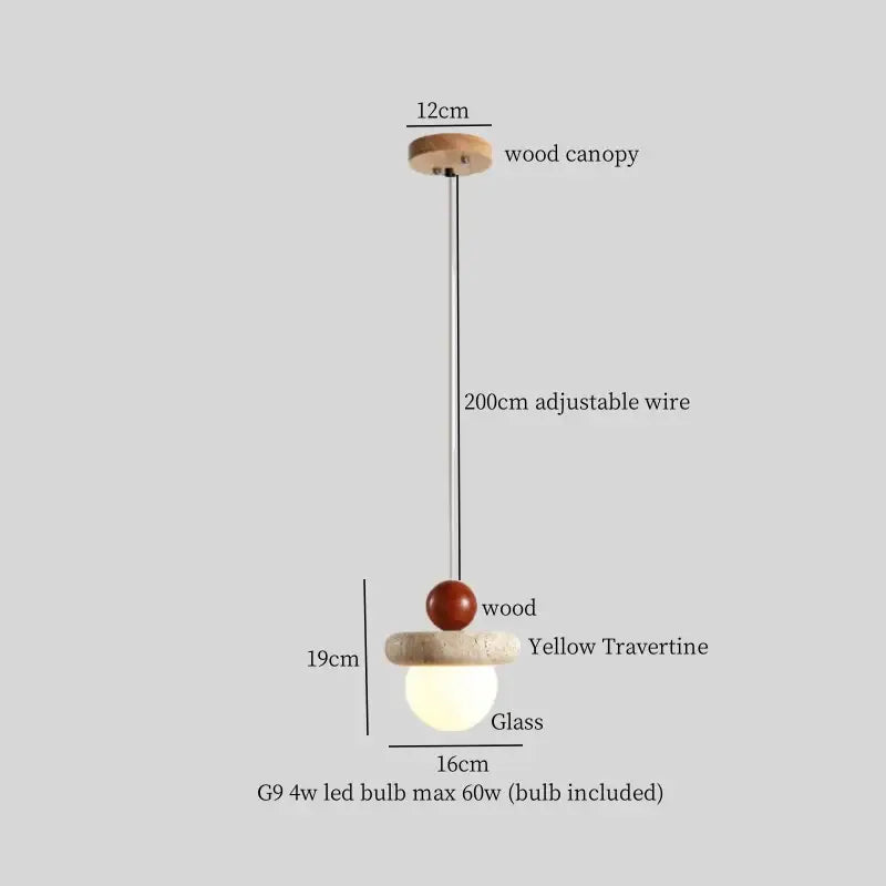 DecorBites led hanging lamp with wooden canopy adjustable wire glass globe and yellow travertine accents for kitchen cafe