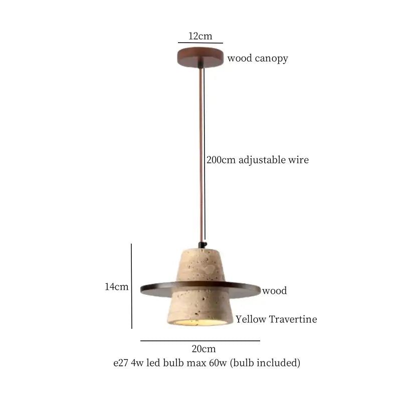 DecorBites led hanging lamp with rustic wood canopy and yellow travertine stone shade for kitchen cafe lighting
