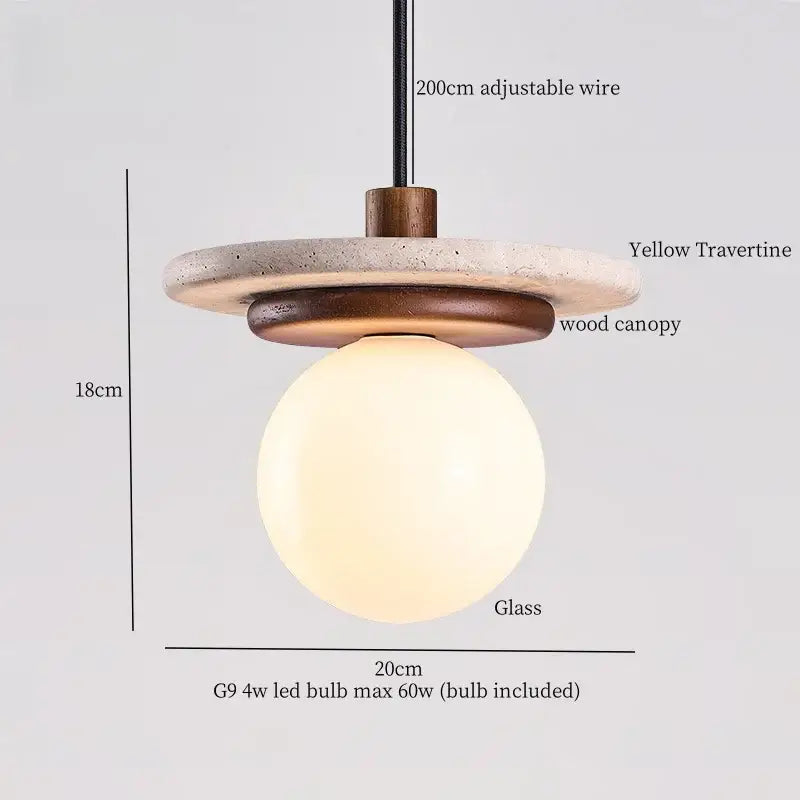 A decorbites led hanging lamp with warm glass globe yellow travertine disc and wood canopy for modern interiors
