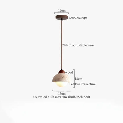 Decorbites led hanging lamp with warm yellow travertine shade and rustic wood canopy for kitchen and cafe lighting