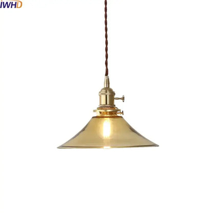 Brass-finished decorbites led hanging lamp with conical glass shade and twisted brown cord for bedroom and living room