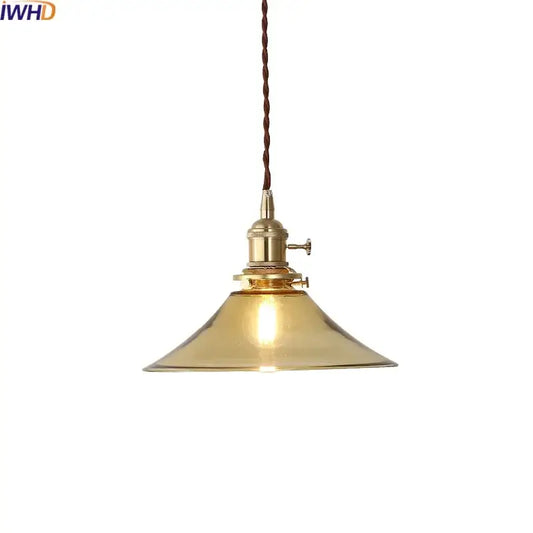 Brass-finished decorbites led hanging lamp with conical glass shade and twisted brown cord for bedroom and living room