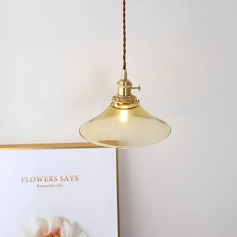 DecorBites led hanging lamp with brass fixture, translucent amber glass shade, and twisted brown cord for living room