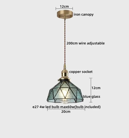 Blue geometric glass decorbites led hanging lamp with brass iron canopy and copper socket for bedroom and living room