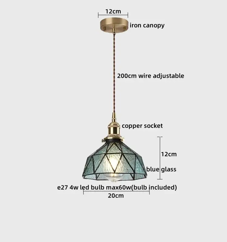 Blue geometric glass decorbites led hanging lamp with brass iron canopy and copper socket for bedroom and living room