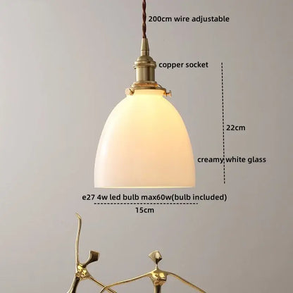 Decorbites led hanging lamp with creamy white glass shade and brass copper socket for bedroom and living room use