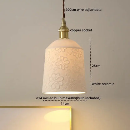 White ceramic decorbites led hanging lamp with embossed floral design brass copper socket and adjustable wire for living room