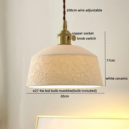 White ceramic decorbites led hanging lamp with embossed floral pattern and brass copper socket for bedroom or living room