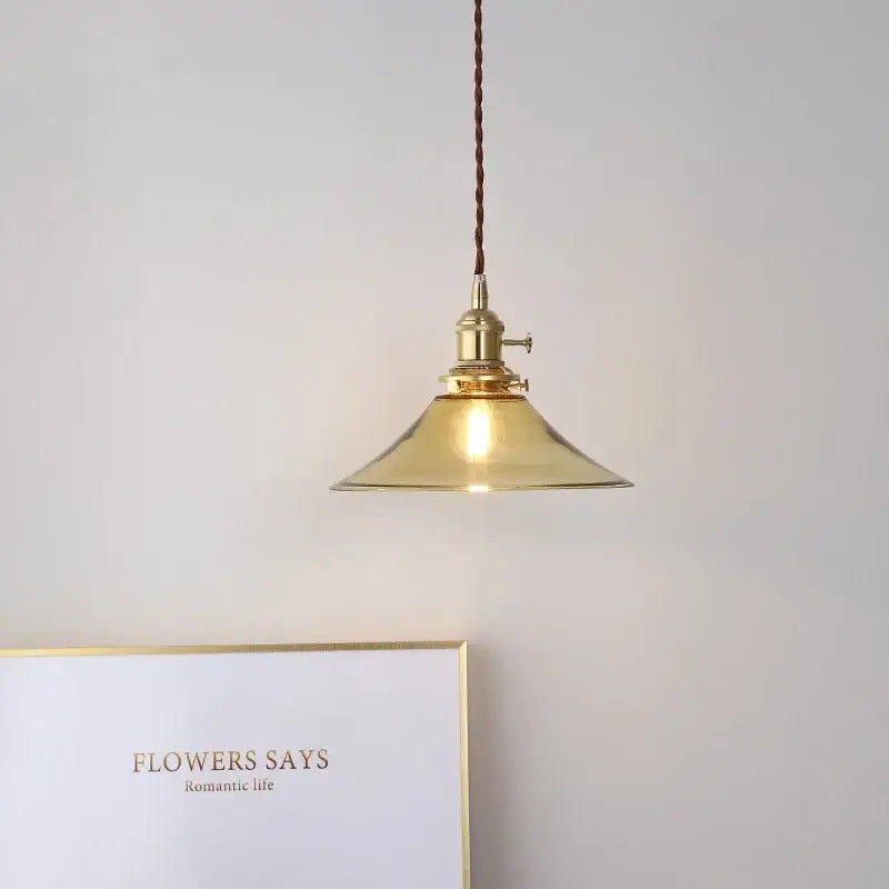 A warm brass decorbites led hanging lamp with conical glass shade and braided cord for bedroom and living room
