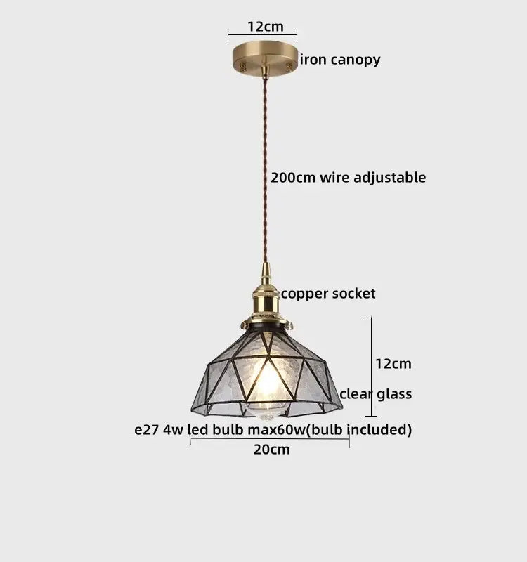 Vintage-style decorbites led hanging lamp with brass iron canopy copper socket and clear geometric glass shade for living room