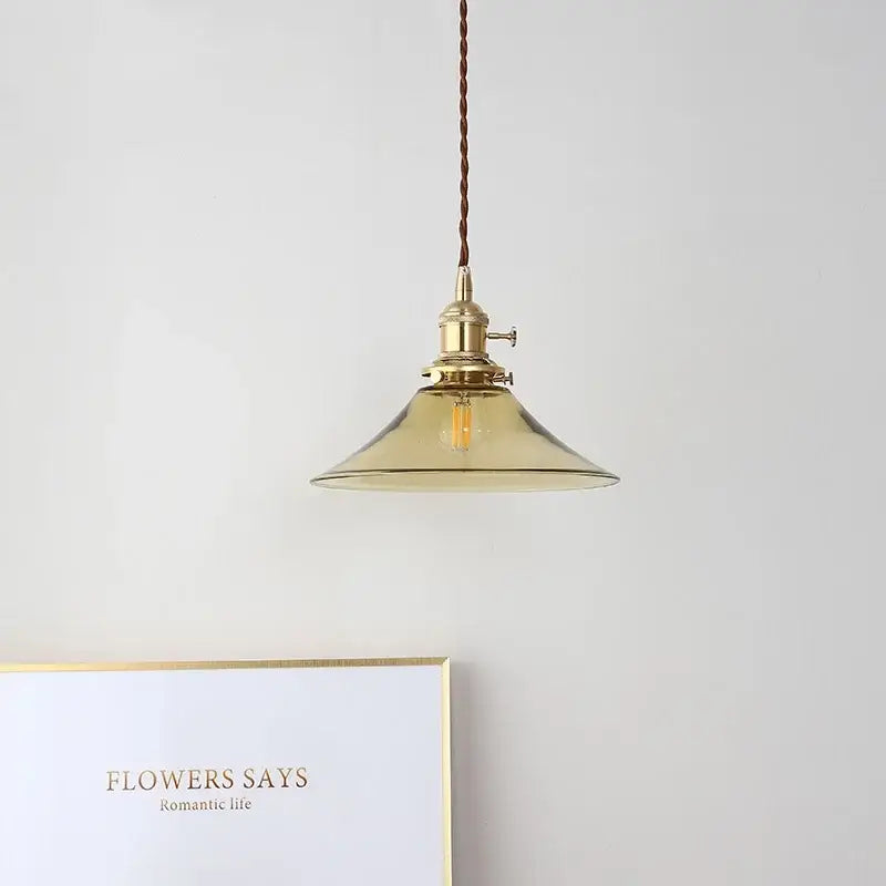 Decorbites led hanging lamp with brass finish amber glass shade and twisted brown cord for modern living rooms