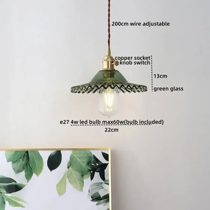 Green glass decorbites led hanging lamp with copper socket knob switch and adjustable 200cm wire for bedroom use