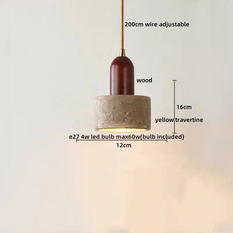 DecorBites led hanging lamp featuring yellow travertine base dark wood top and adjustable 200cm wire for home decor