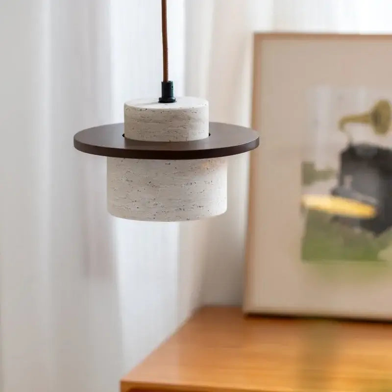 Minimalist decorbites led hanging lamp with textured white body and dark wood accent for home decoration