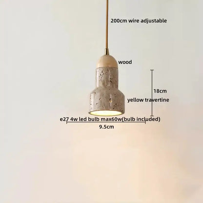 Decorbites led hanging lamp with yellow travertine body and wooden top suspended by adjustable 200cm wire