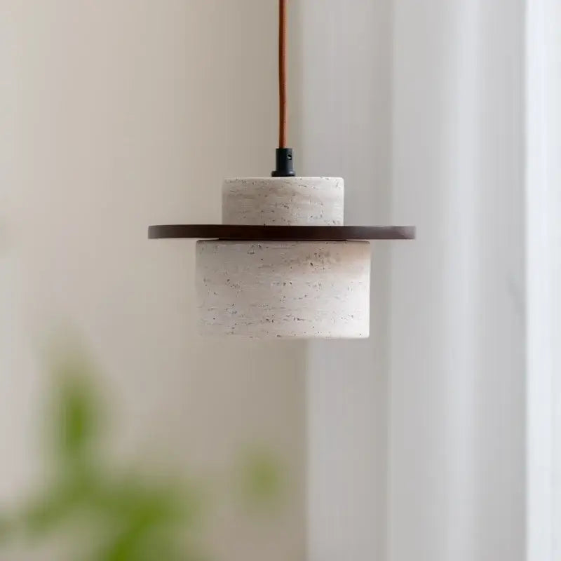 Minimalist decorbites led hanging lamp with yellow travertine concrete shade and dark wood accent ring for home decor