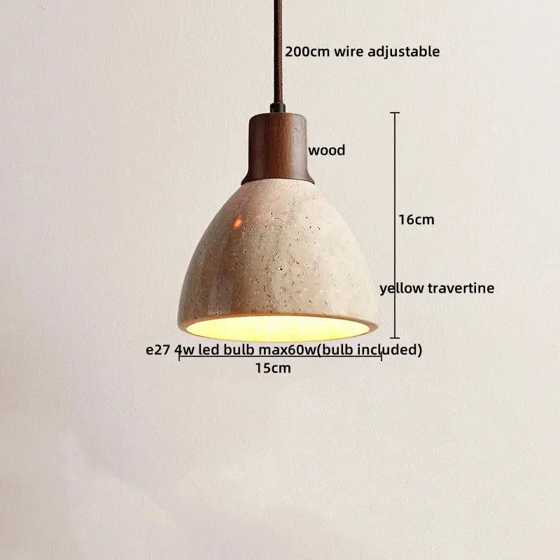 DecorBites led hanging lamp with textured yellow travertine shade and dark wood top for elegant home decoration