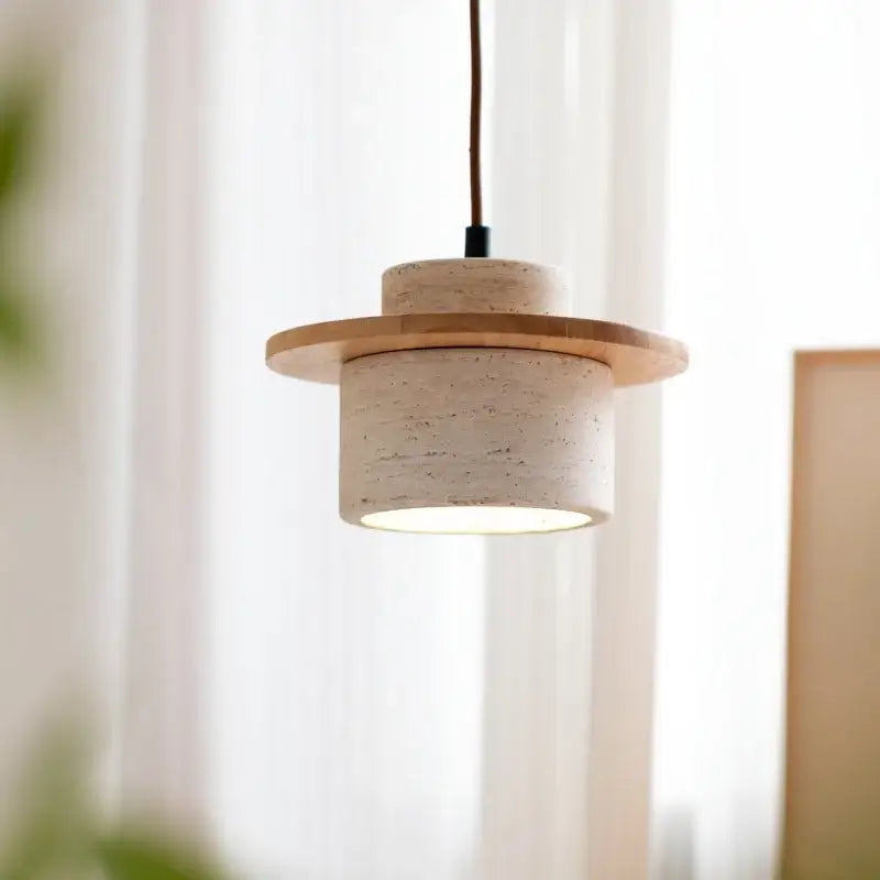 DecorBites led hanging lamp with cylindrical yellow travertine concrete body and wooden disc accent for home décor