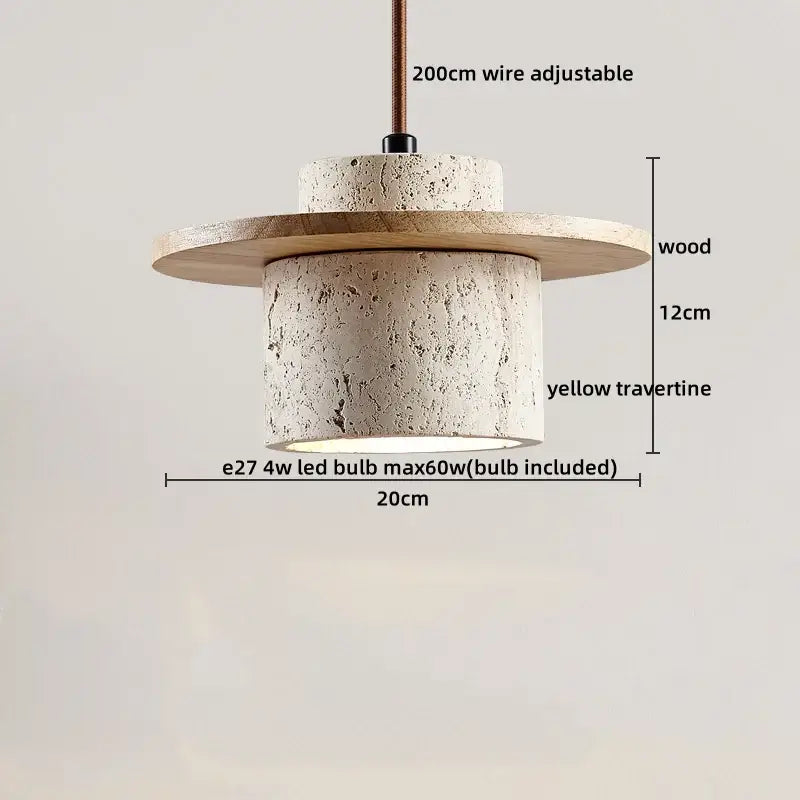 DecorBites led hanging lamp with yellow travertine stone body and wooden disc accent for stylish home decoration