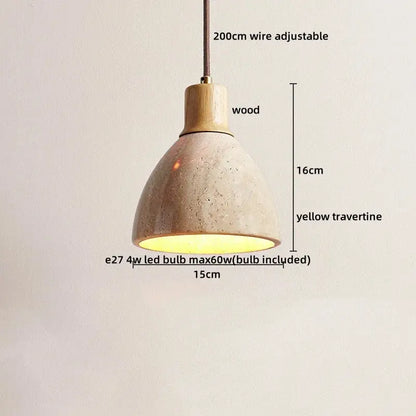 Decorbites led hanging lamp with warm yellow travertine shade natural wood top and adjustable 200cm wire for home decor