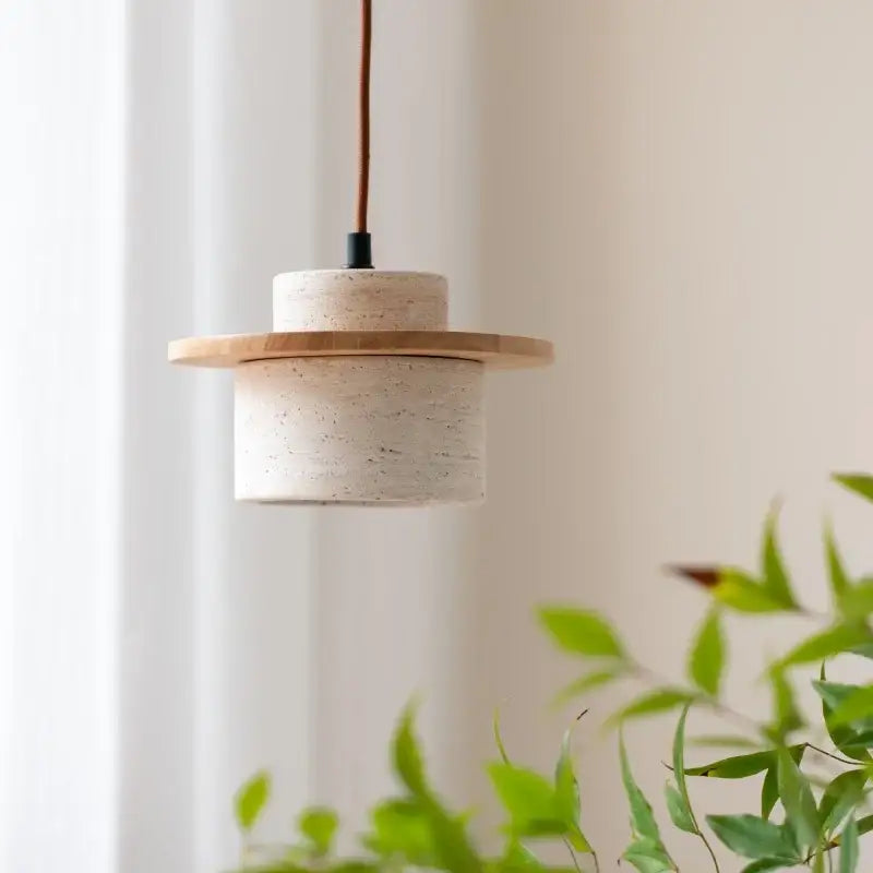 Decorbites led hanging minimalist pendant light with off-white concrete body natural wood ring and brown fabric cord