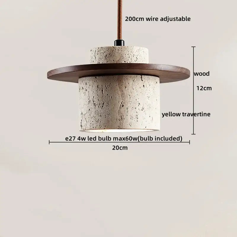 Decorbites led hanging lamp featuring a textured yellow travertine cylinder with dark wood accent for home decoration