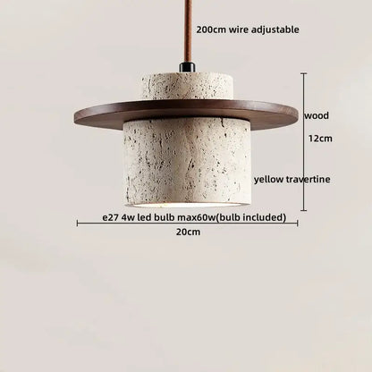 DecorBites led hanging lamp featuring a textured yellow travertine pendant with stacked ribbed design and wooden top